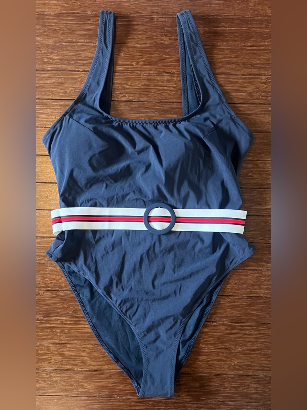 H&M One Piece High Leg Swimsuit With Attached Belt Navy Size M